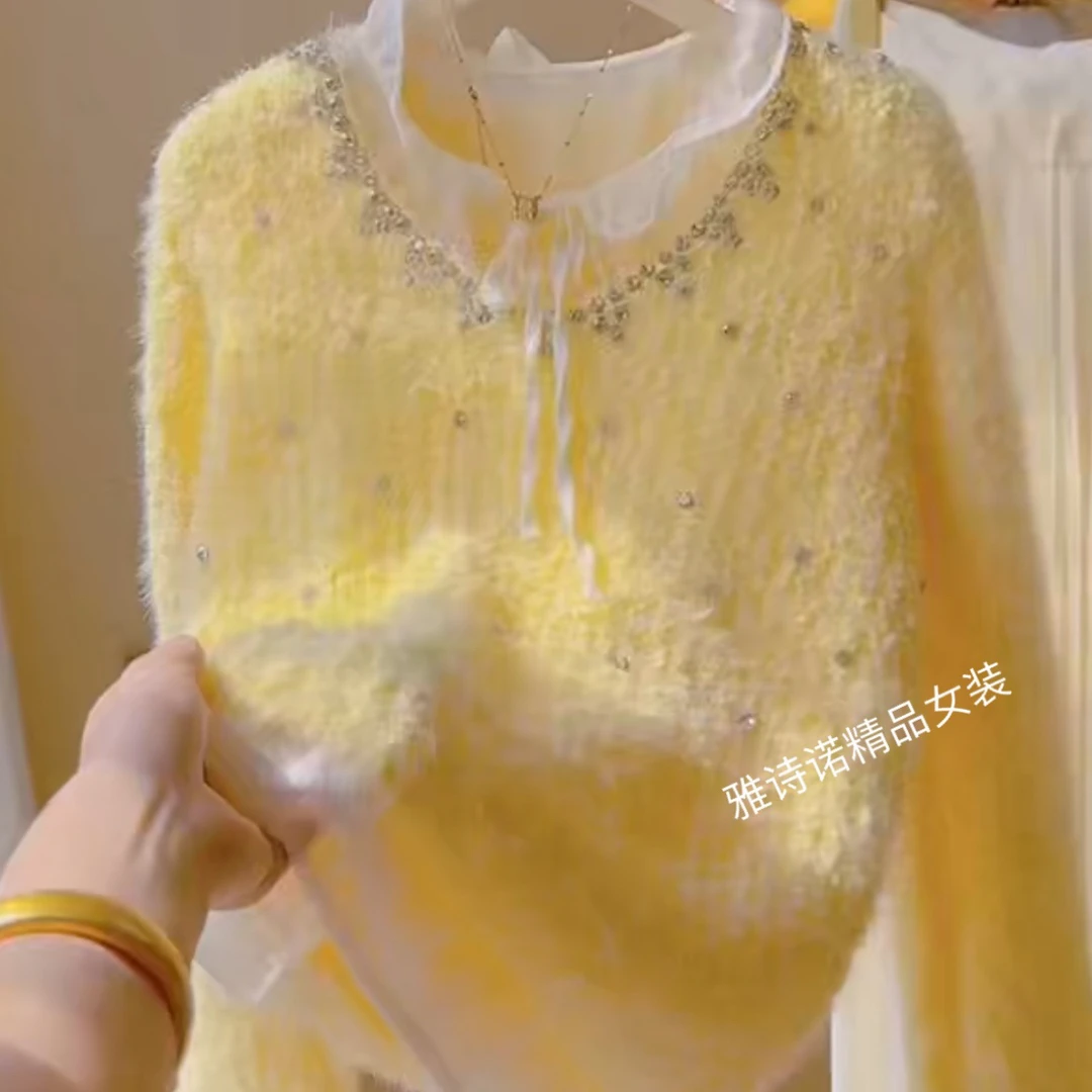 法式钉珠甜美仿水貂绒软糯毛衣女秋冬新款温柔风减龄套头针织衫