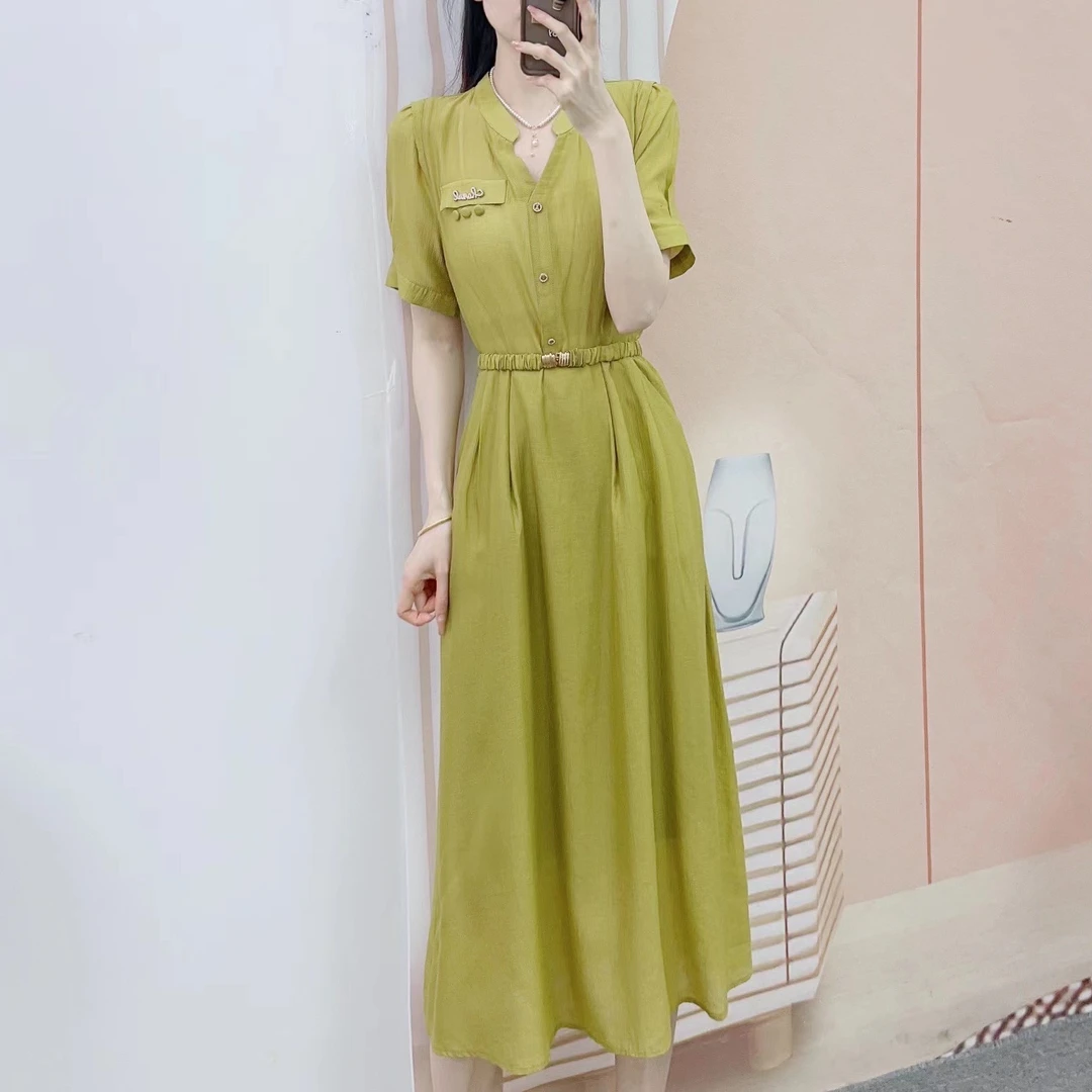 081清C2夏季品牌专柜新品汉派时尚简约纯色V领显瘦短袖连衣裙081