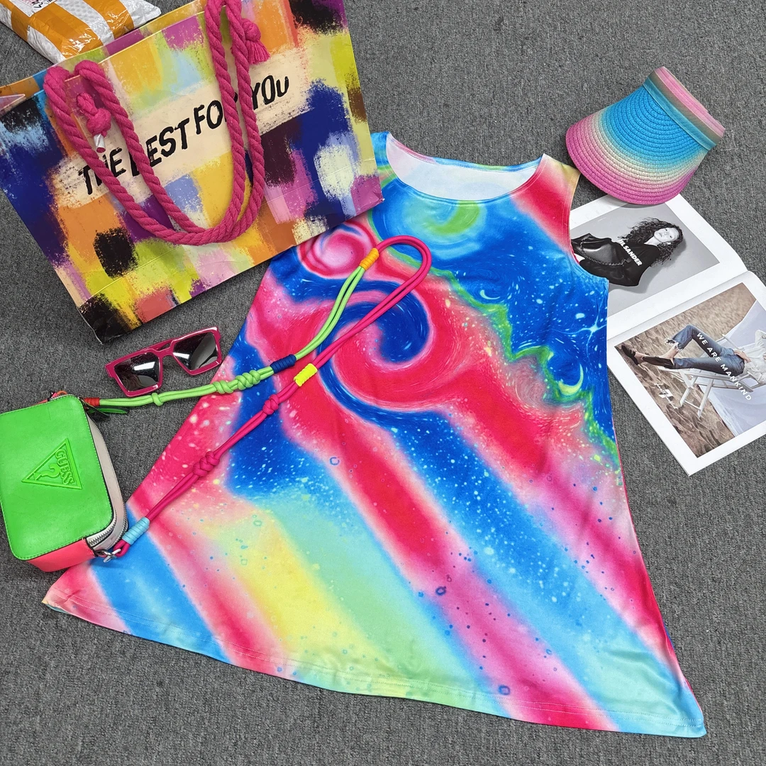 W076外单定制款弹力牛奶丝多巴胺扎染渐变色印花砍袖背心裙