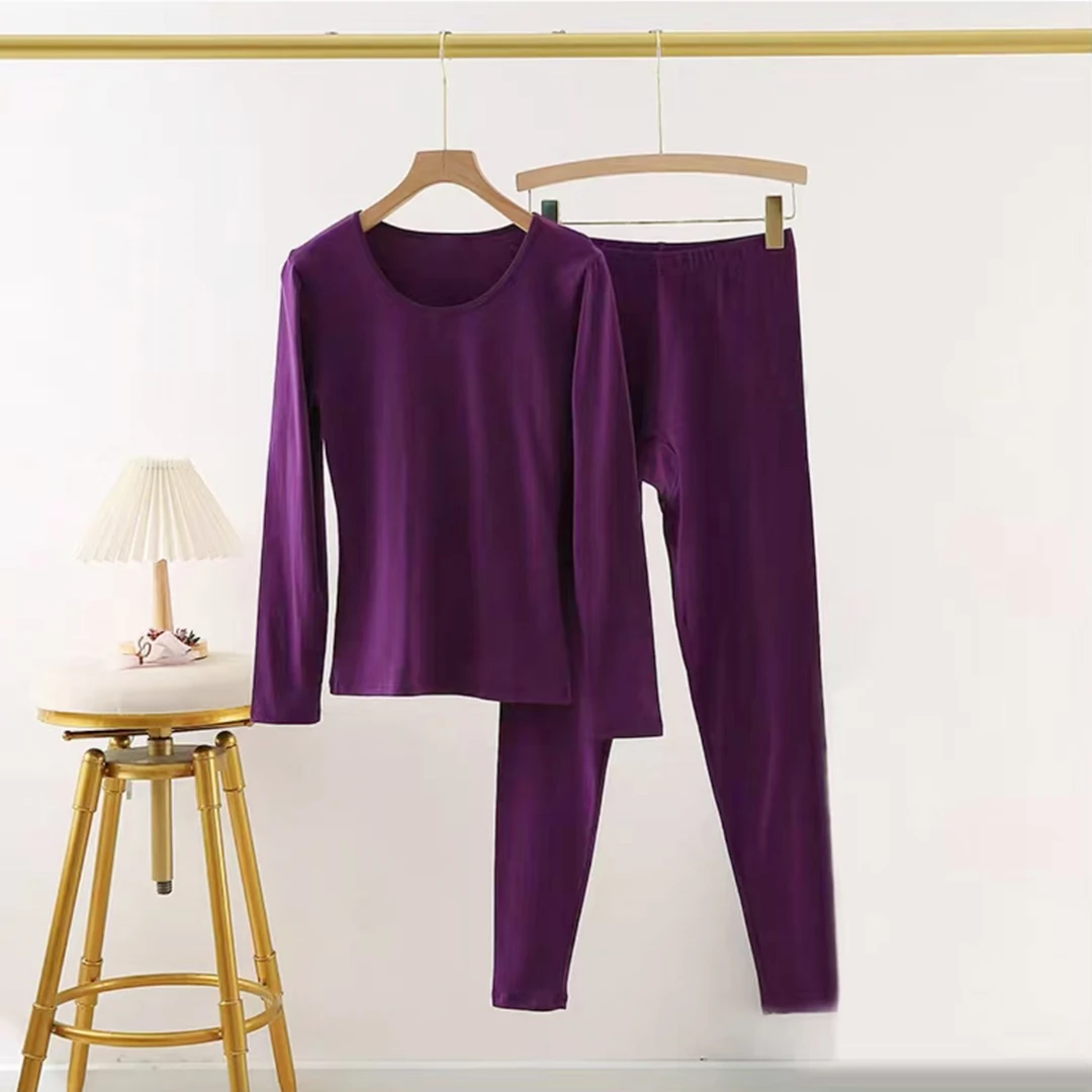 女士圆领纯色春秋冬家居睡衣套装修身秋衣秋裤松紧腰P-2G23