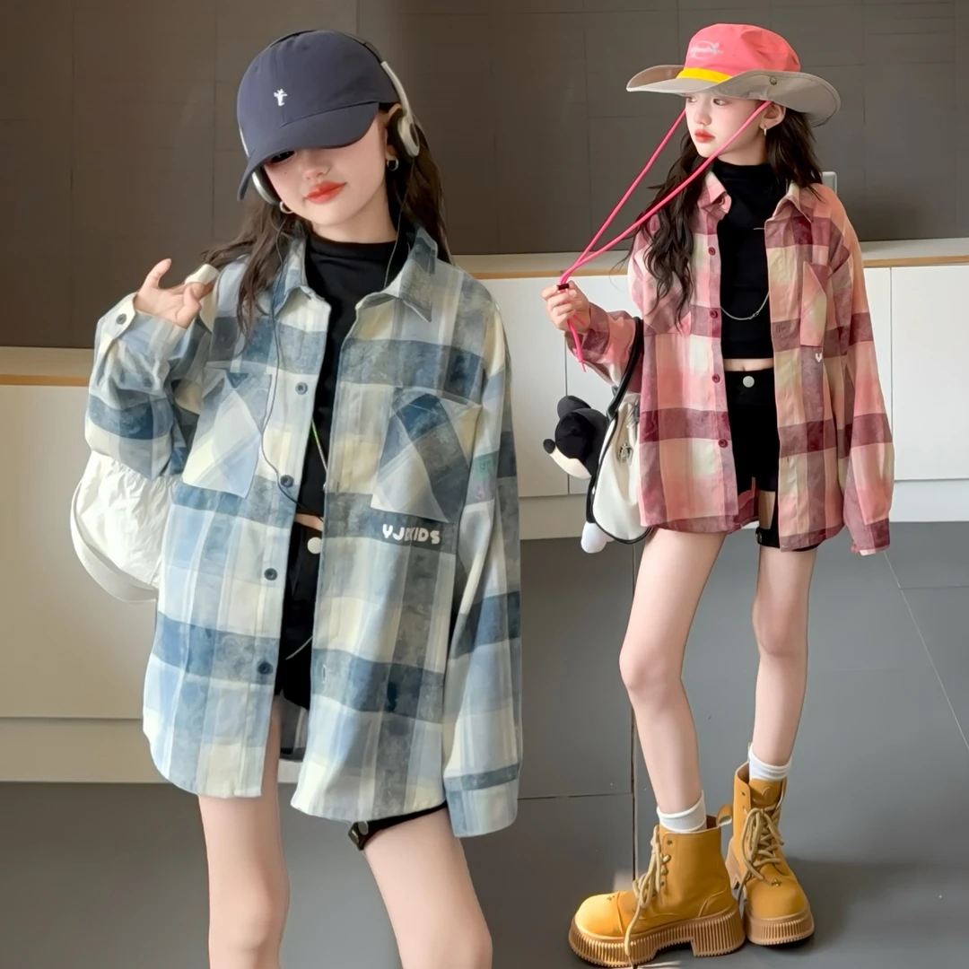 女童秋装格子衬衫外套2025新款洋气中大儿童衬衣韩版休闲上衣春秋