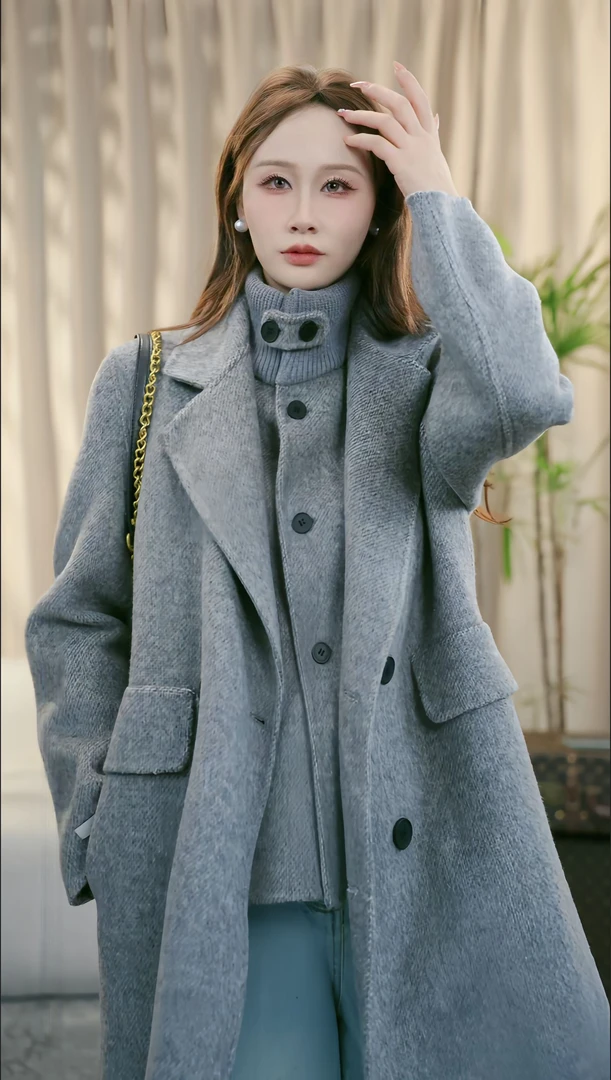 【杨杨专属】纯手工双面呢羊毛衣女秋冬韩版中长款茧型羊毛外套