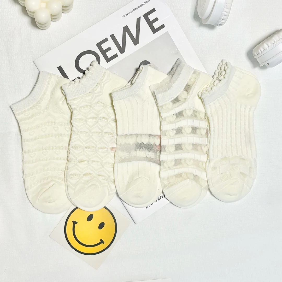 白色花边水晶丝镂空袜子女夏季薄棉吸汗透气短袜船袜