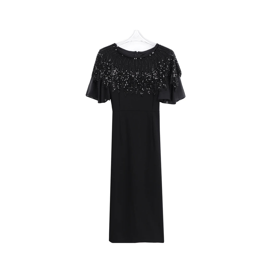 法式气质收腰显瘦钉珠刺绣过膝连衣裙A13117