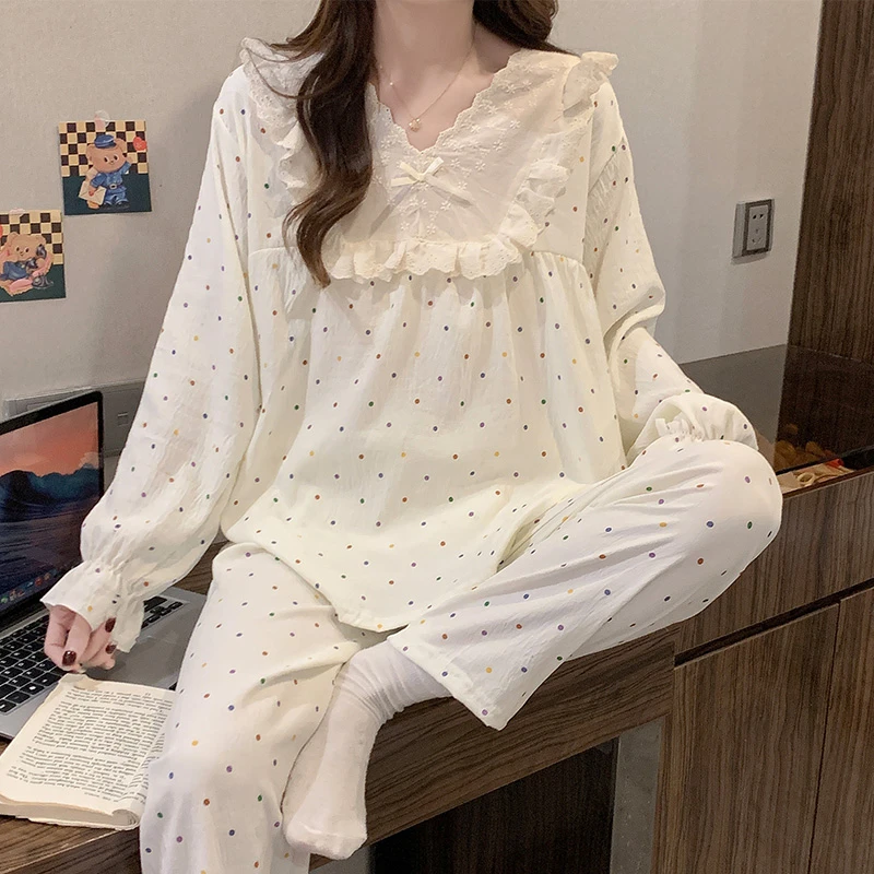 睡衣女春秋季薄款长袖云朵棉套装可爱外穿网红爆款休闲家居服圆点