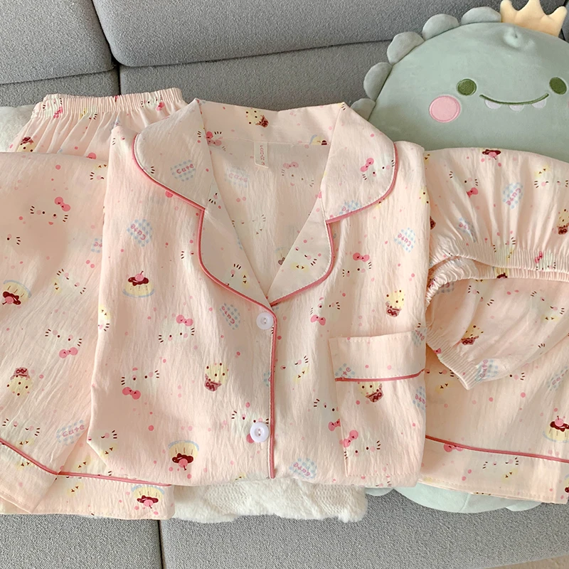 日系可爱Kitty猫睡衣女夏季薄款卡通甜美短袖短裤家居服三件套装