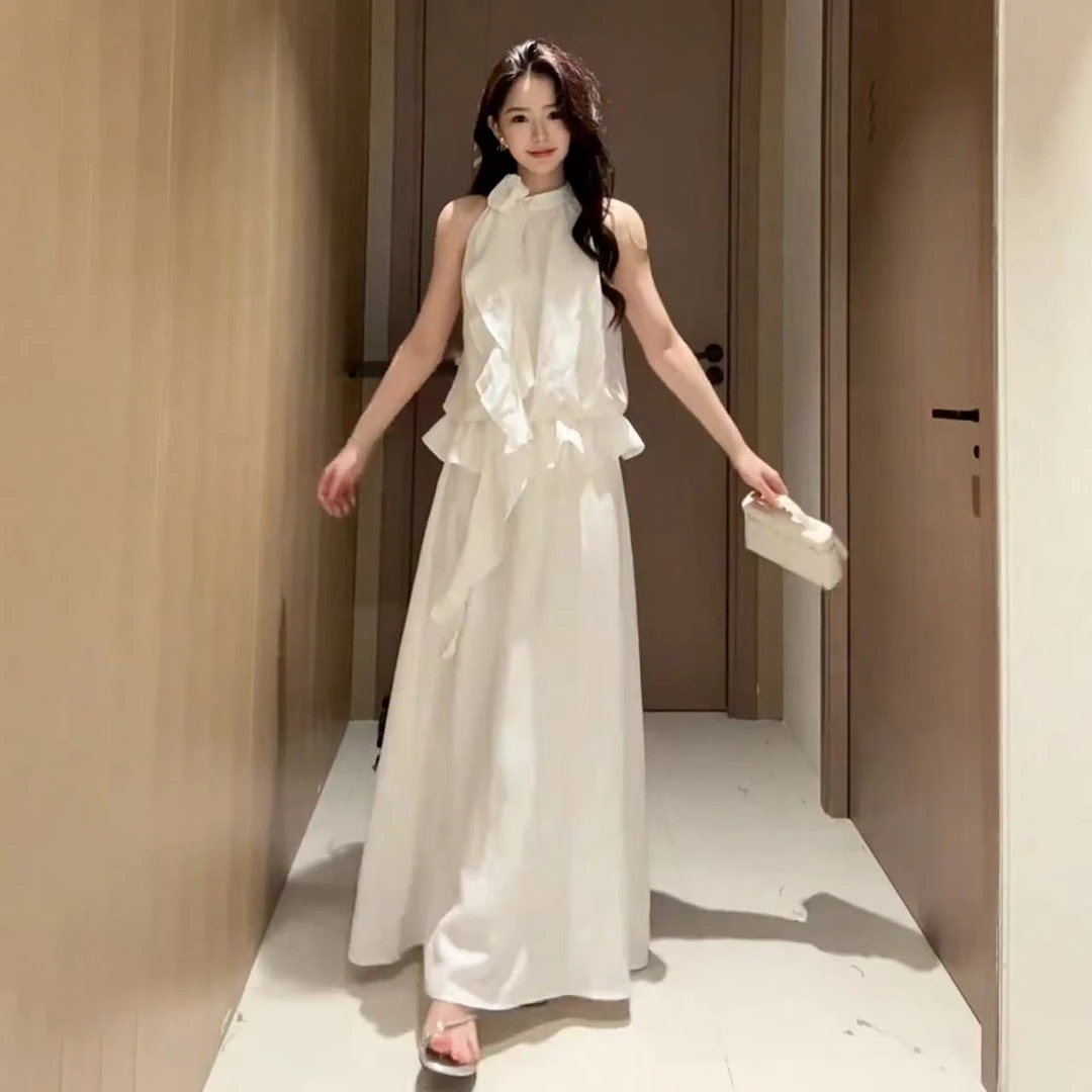 ins风法式白色挂脖吊带套装连衣裙裙子2025新款温柔气质长裙套装