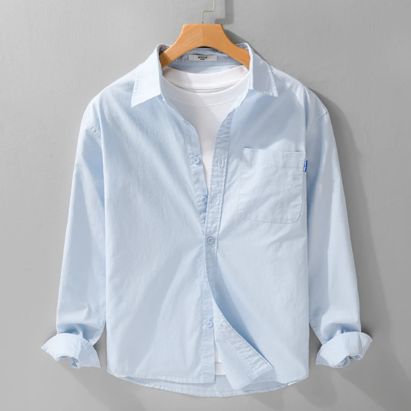 简约日系男装春秋长袖衬衫纯棉白色舒适透气清新文艺休闲衬衣6142