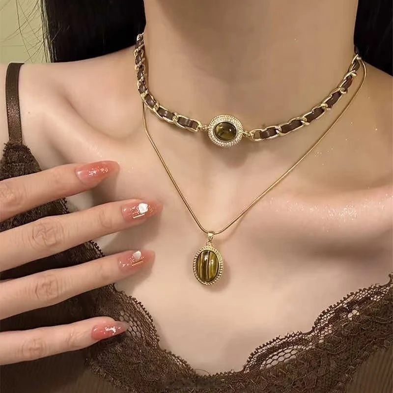 铜合金项链 轻奢复古美拉德项链双层叠戴素链高级感小众设计颈链