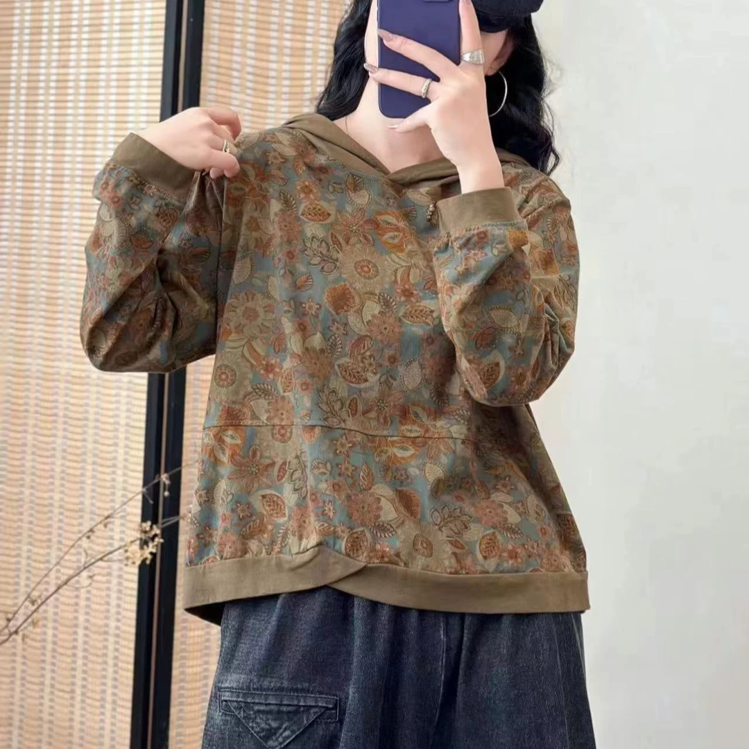 8644春季新款休闲减龄宽松碎花连帽T恤