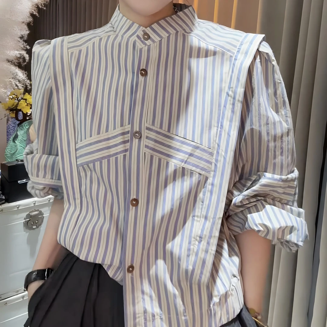 2025春新款条纹立领长袖衬衫女时尚洋气衬衣高级感短款气质上衣潮