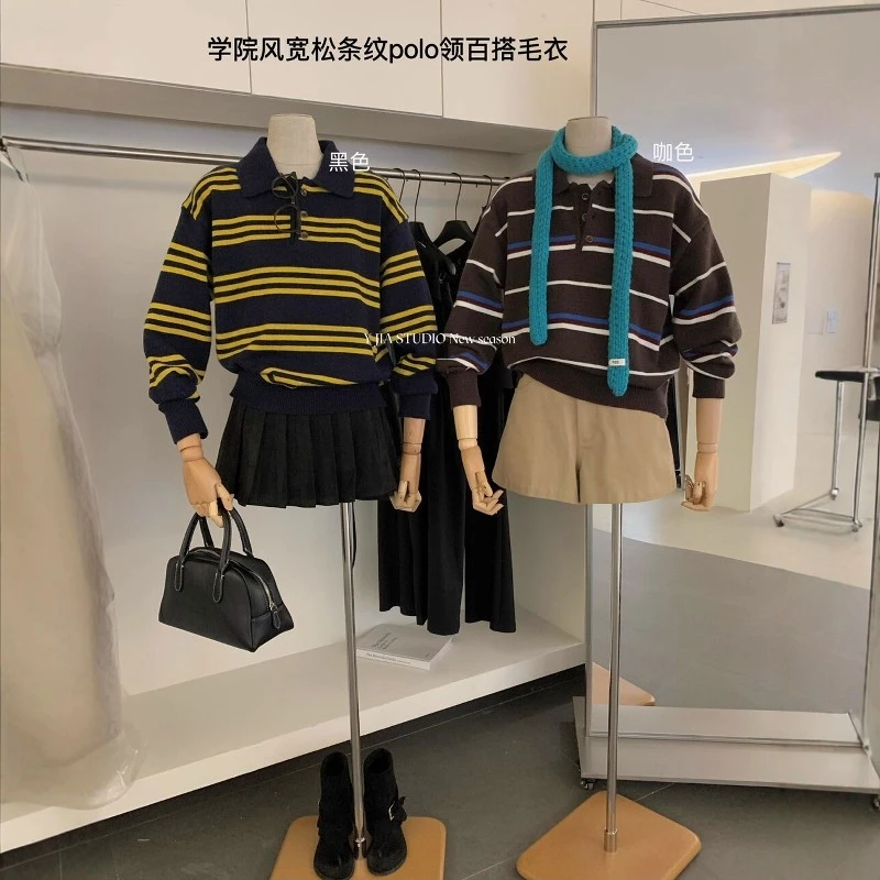 秋季新款韩系长袖显瘦针织衫学院风宽松条纹polo领百搭保暖毛衣女