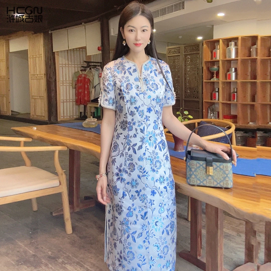 【大师系列-张和才蜀锦】国风夏季长款收腰锦安连衣裙HBSS050152