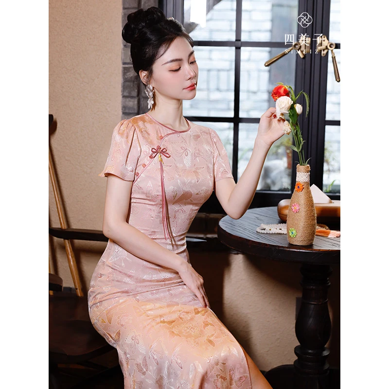 四美子【蝶双飞】新中式气质优雅轻薄人丝提花圆领鱼尾旗袍裙连衣裙