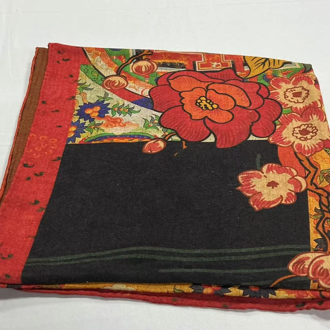 140薯莨丝毛方巾-方框画案 提花135cm丝巾