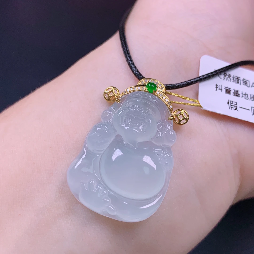 天然缅甸A货翡翠冰种财神爷18k金帽子吊坠揭阳精品玉石挂坠