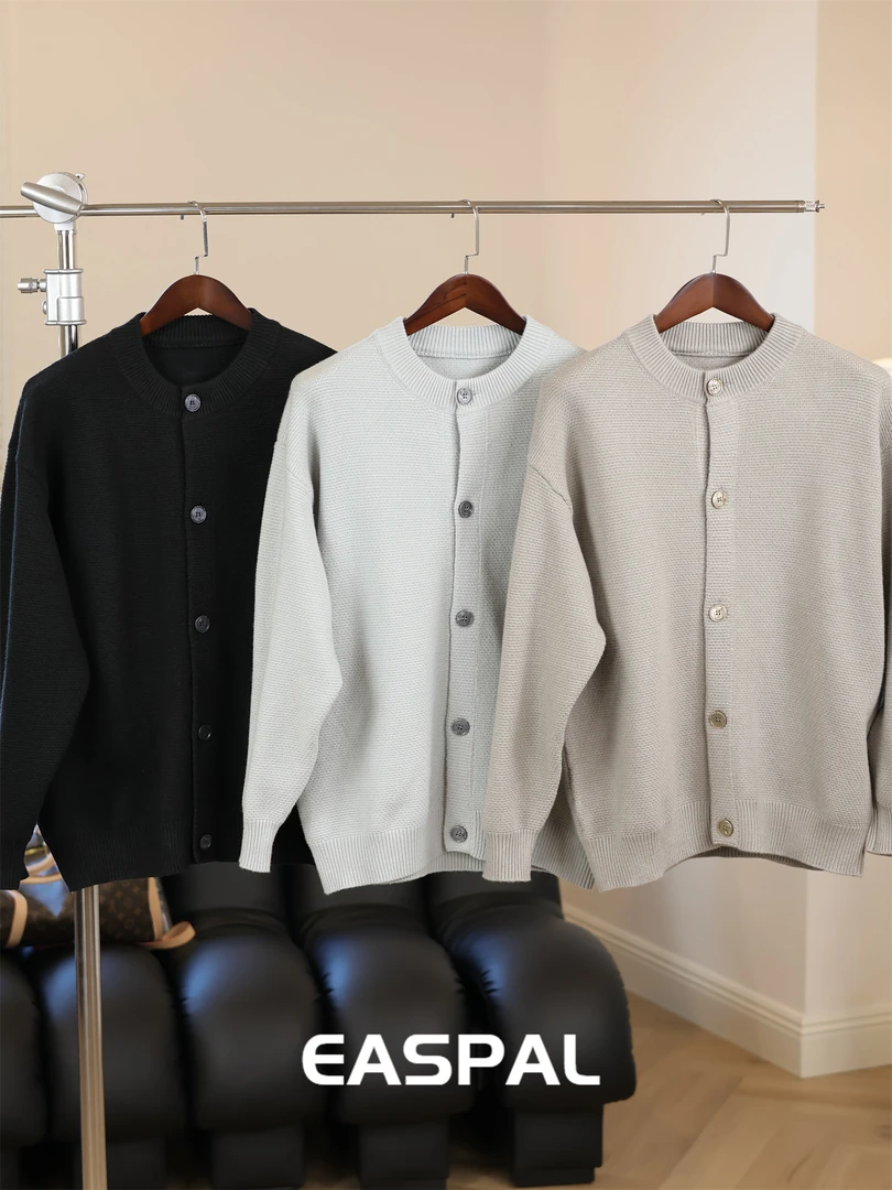 EASPAL950g重磅男落肩长袖针织衫休闲简约毛衣气质松弛感外套秋冬