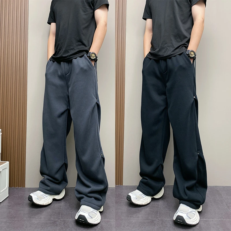 男士秋冬加绒加厚阔腿裤潮流韩版休闲裤痞帅高级感纯色宽松直筒裤