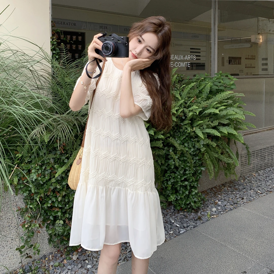 法式拼接白色连衣裙女2025收腰新款气质爆款超好看小众显瘦裙子