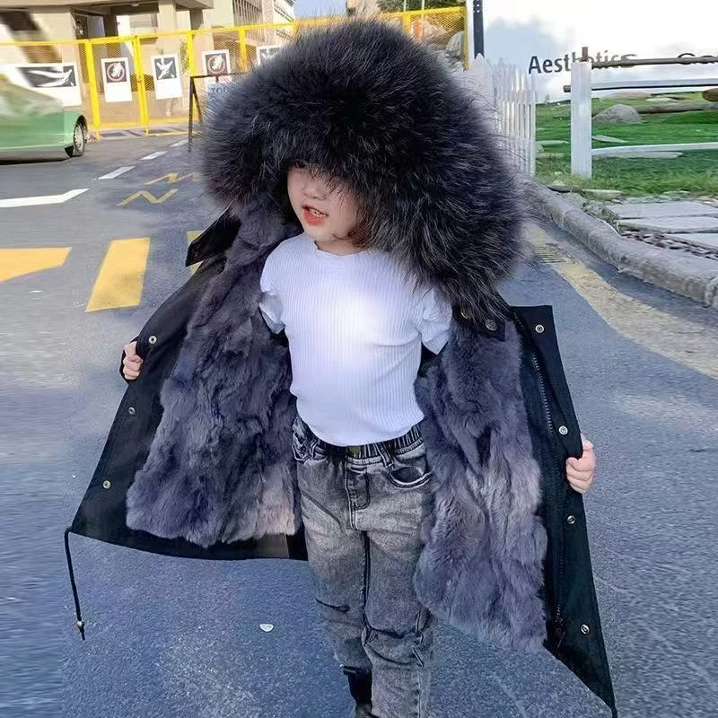 儿童派克服女童装男宝宝仿獭兔毛皮草外套大毛领中长款冬加厚棉衣