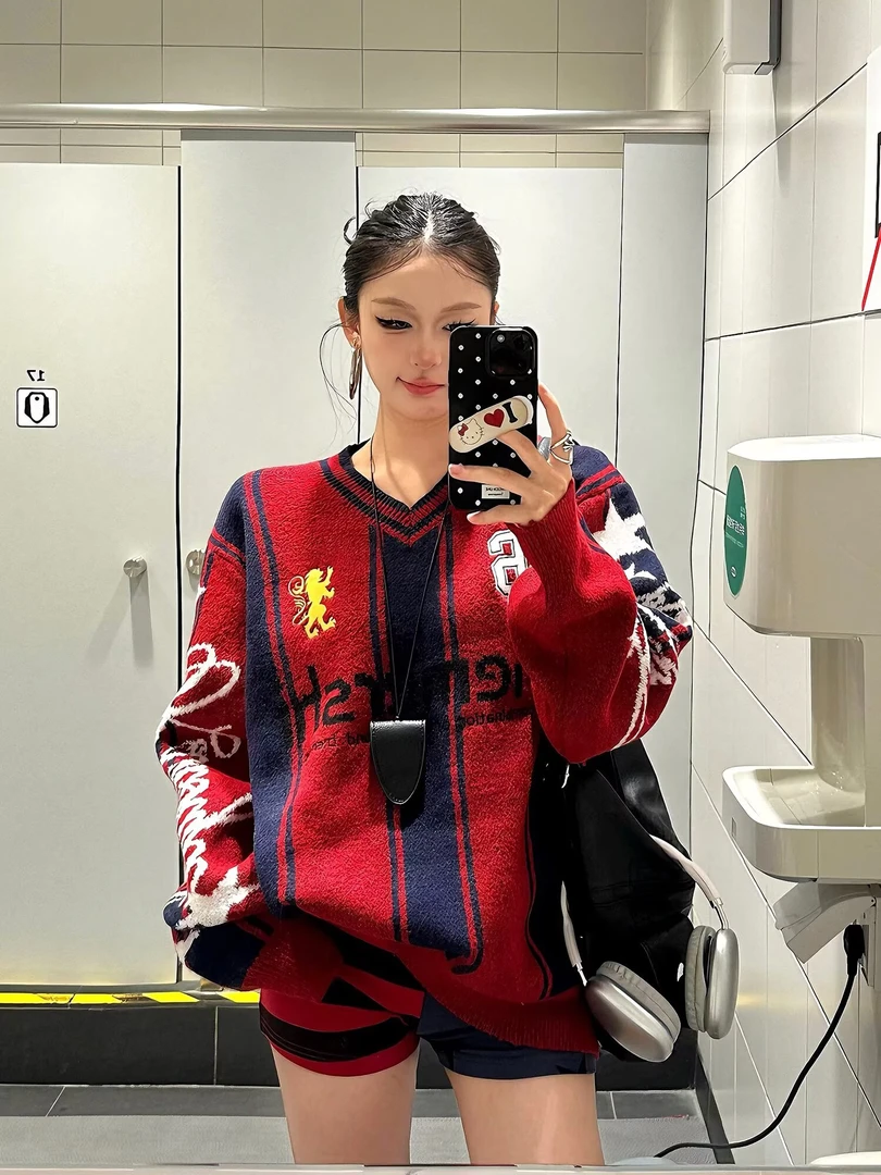 Y-C美式复古辣妹条纹提花休闲毛衣女新款宽松显瘦百搭针织上衣