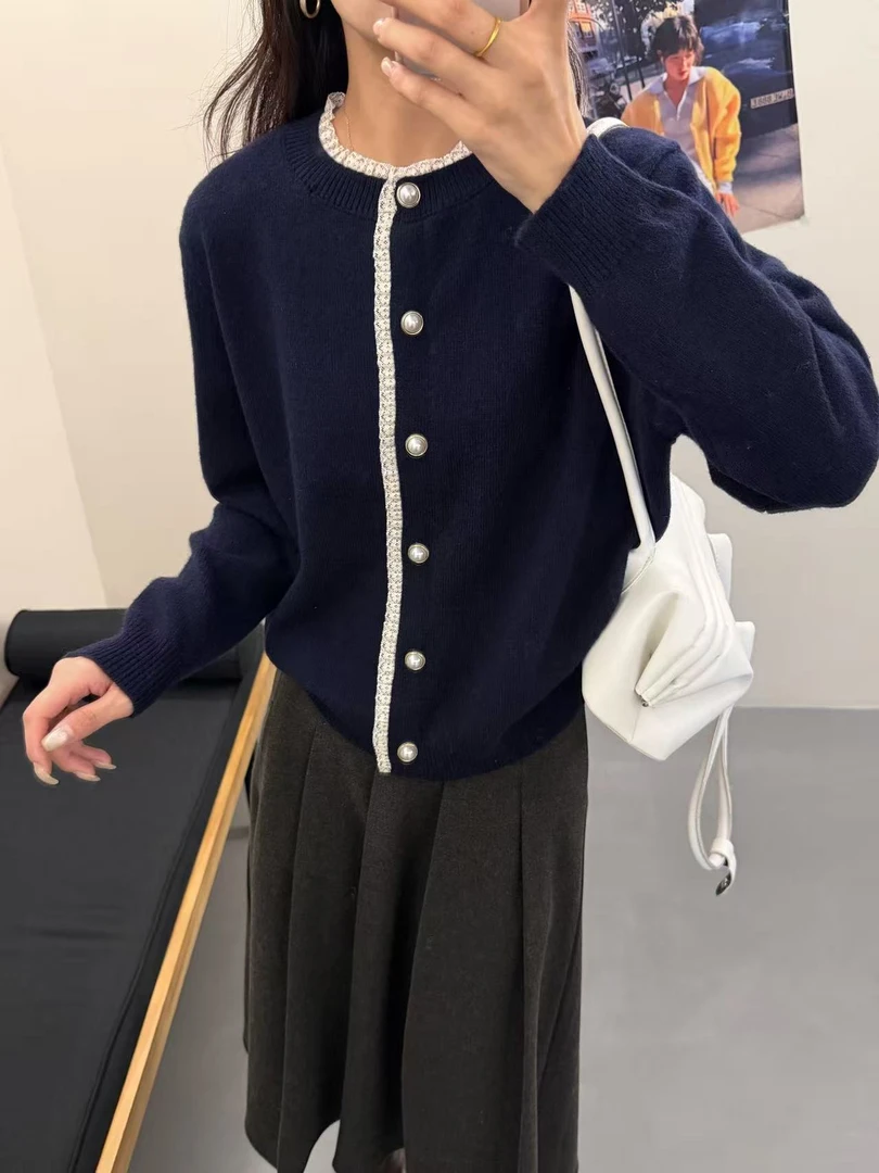 兔毛浣熊圆领蕾丝荷叶边开衫长袖打底衫女毛衣针织衫外套休闲保暖