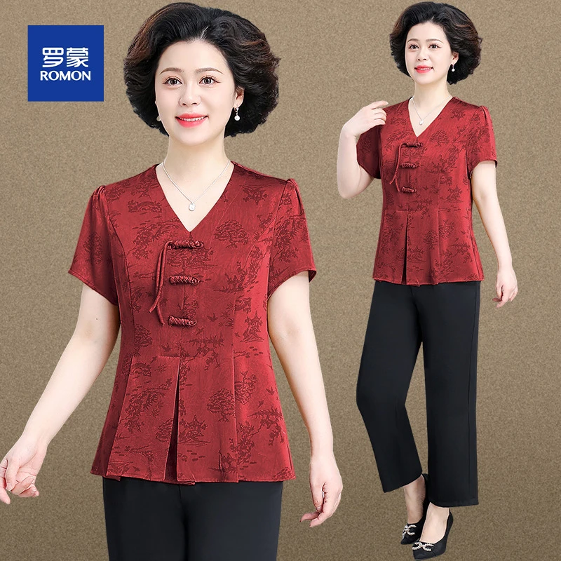 新中式妈妈装夏装套装中老年夏季短袖小衫上衣阔太太气质两件套女