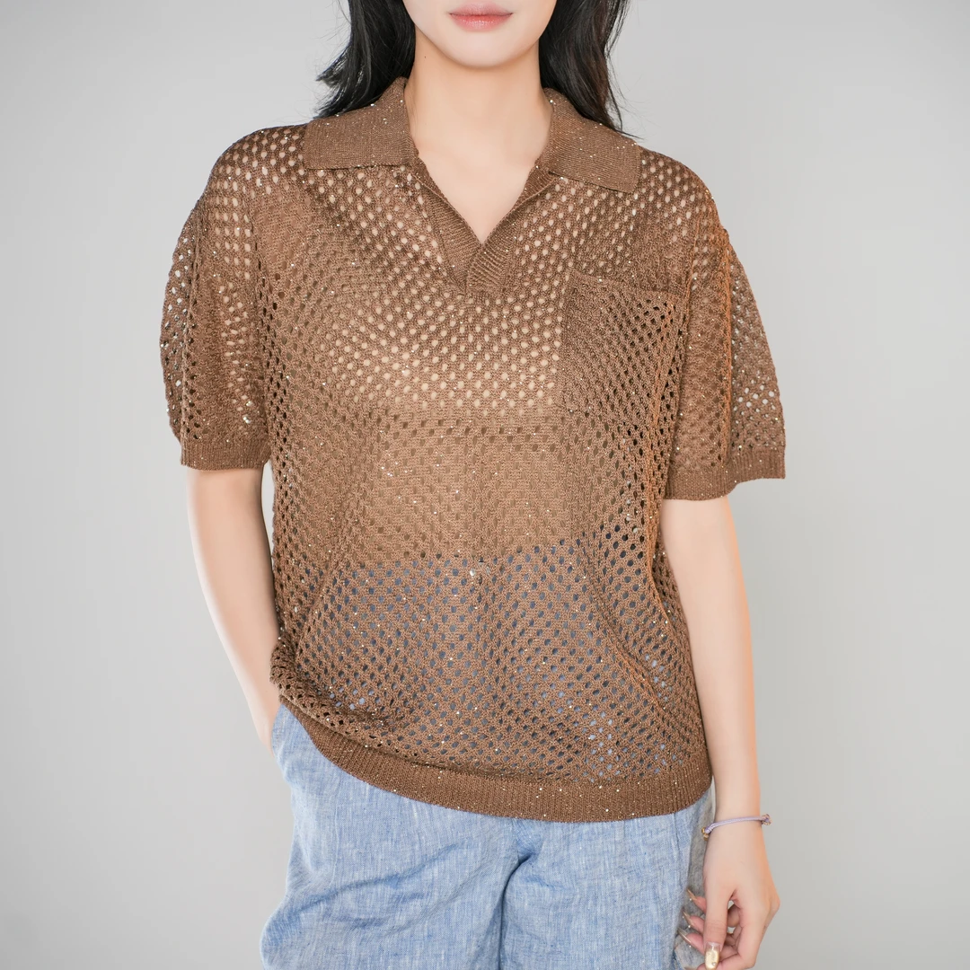 AMASS/阿玛施新款镂空百搭短袖T恤气质宽松款简约Polo衫女上衣