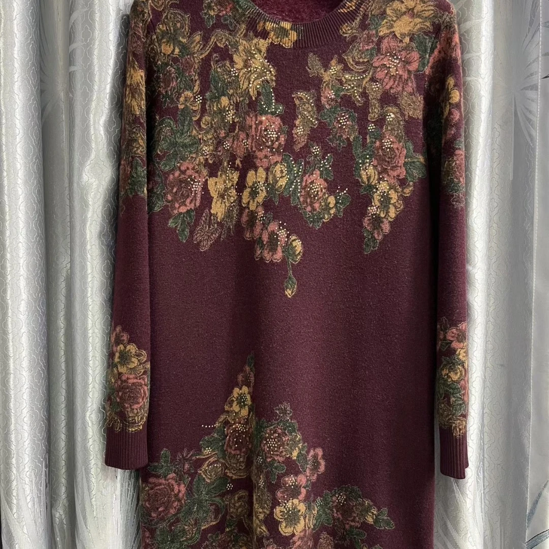 中长款加绒加厚圆领毛衣裙女士冬季中老年妈妈一体绒内搭