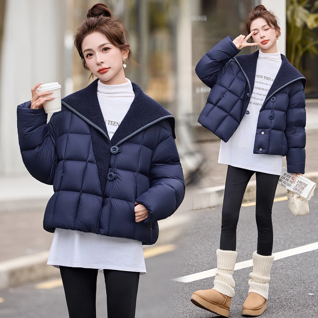 披肩大翻领白鸭绒羽绒服女欧洲站2025冬季新款设计感加厚保暖外套