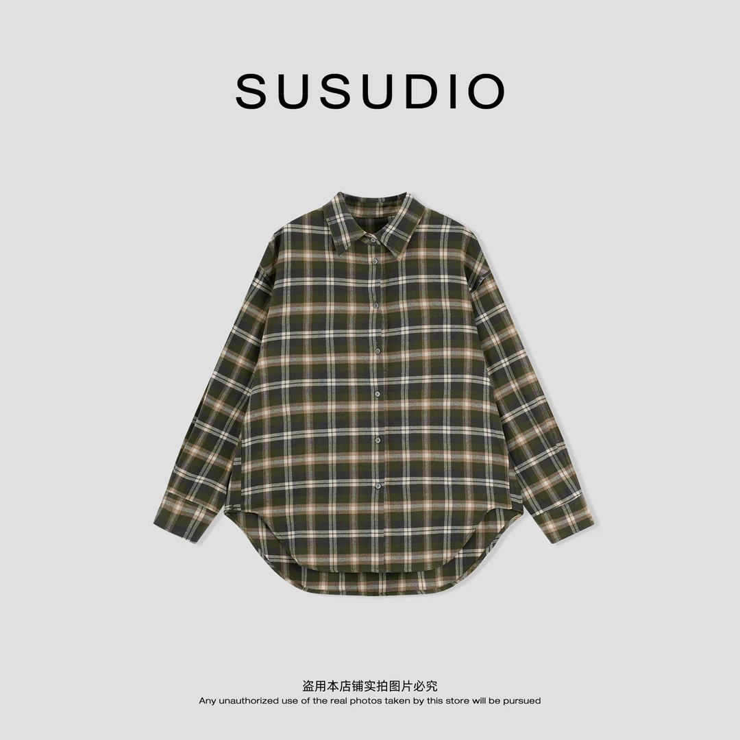 SUSUDIO 100棉 复古绿格子叠穿宽松显瘦长袖翻领衬衫 70424