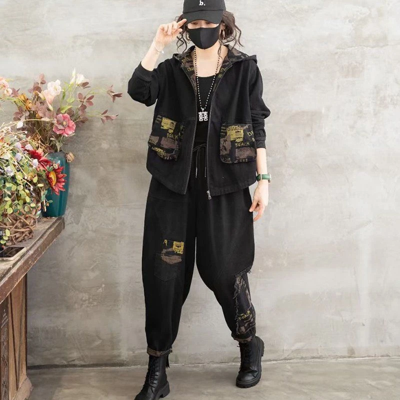 牛仔套装女复古民族风印花连帽牛仔外套春秋大码宽松哈伦裤两件套