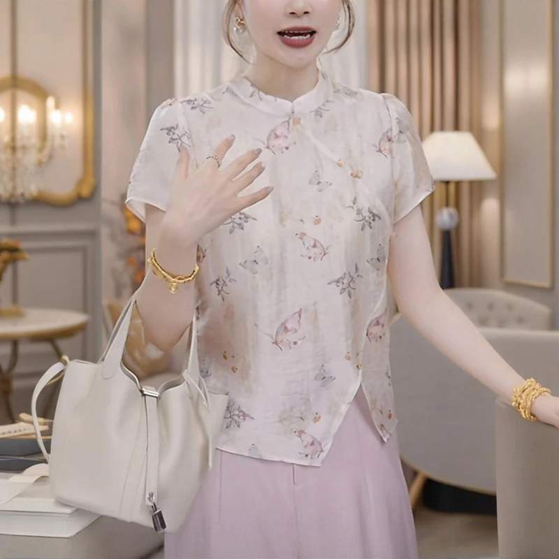 新中式斜襟立领短袖衬衫女士夏季新款国风设计感减龄宽松显瘦上衣