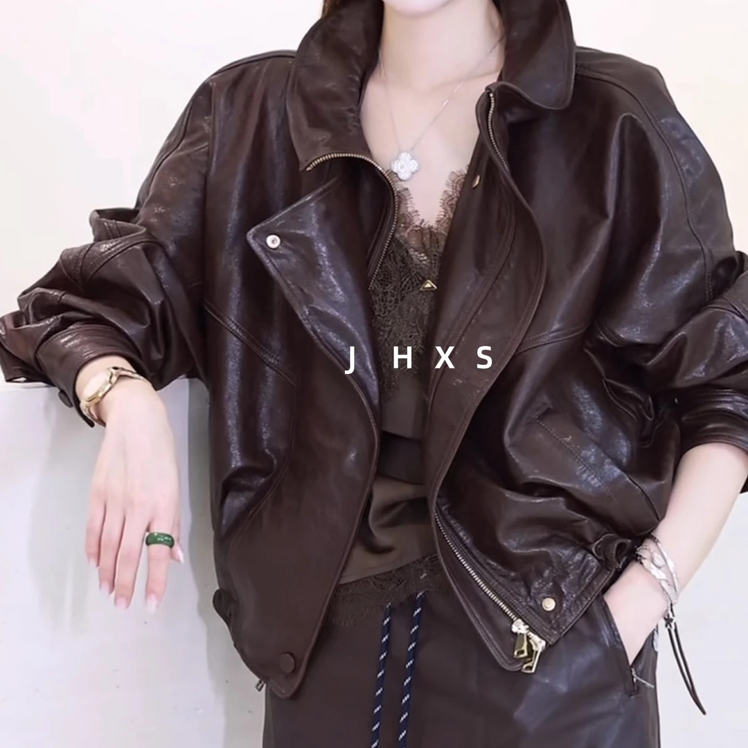 真皮皮衣女款2025新款酷飒风美式复古皮夹克外套女宽松bf慵懒风