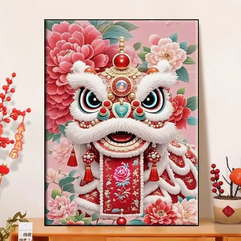 钻石画新款满钻国潮醒狮红色舞狮贴钻十字绣客厅卧室手工画新中式