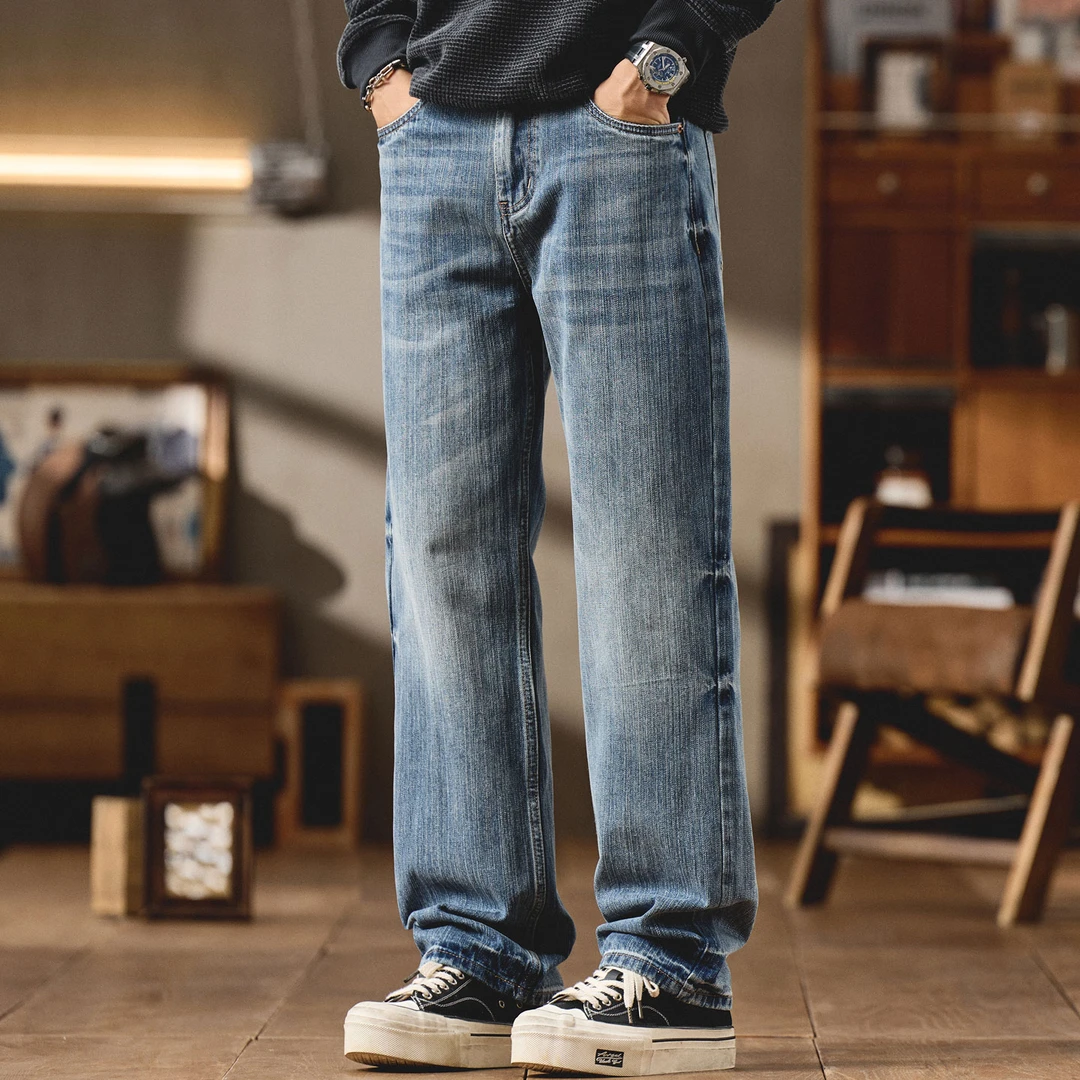 2025春秋新款美式重工水洗牛仔裤男青年高端复古水洗直筒宽松长裤