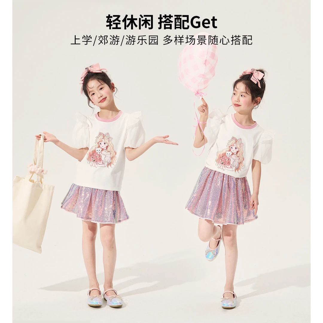 女童短袖夏季新款2025新品泡泡袖t恤洋气公主休闲卡通印花可爱
