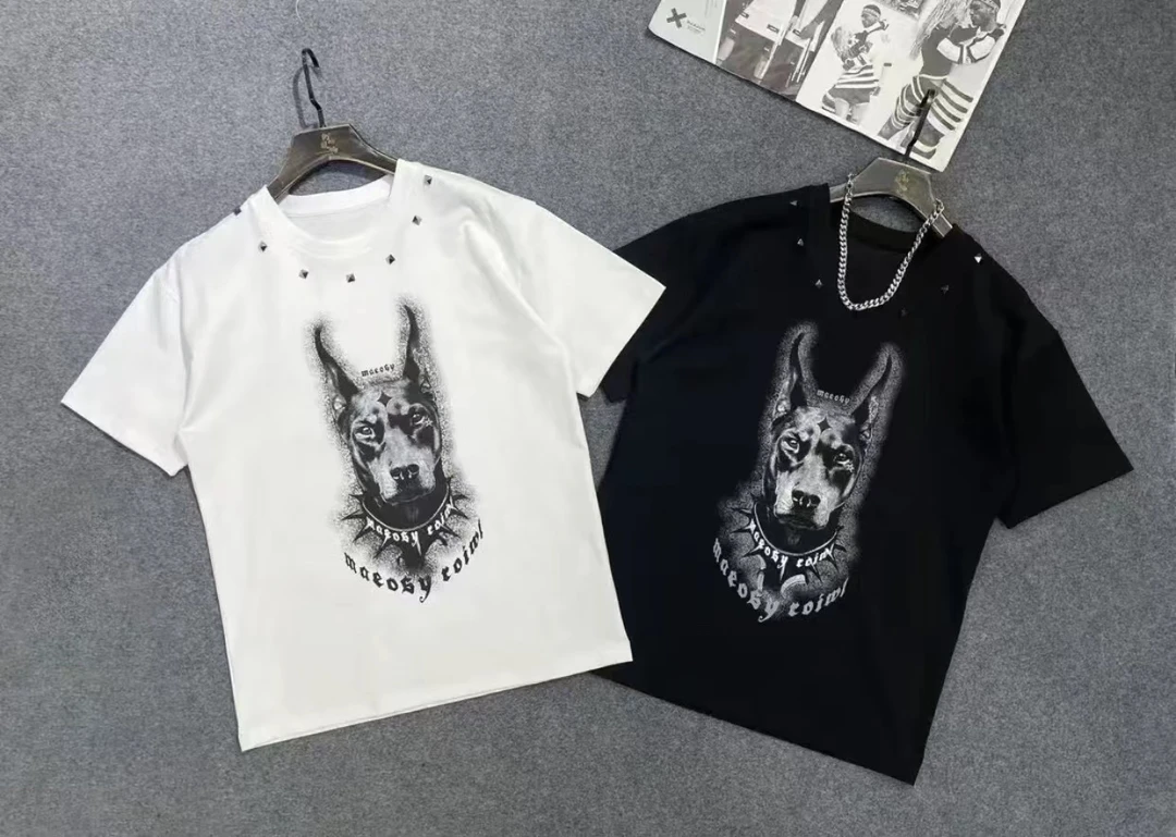 013夏季美式高街重磅铆钉满钻杜宾犬半袖男士时尚休闲短袖情侣