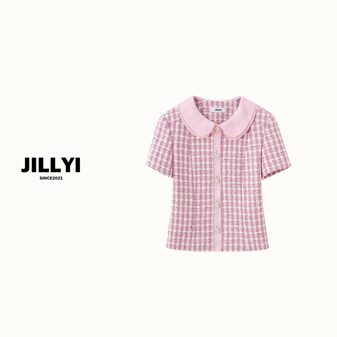 JILLYI南山店【梦幻紫雾】紫色POLO领时尚小香风短袖夏款休闲格子T