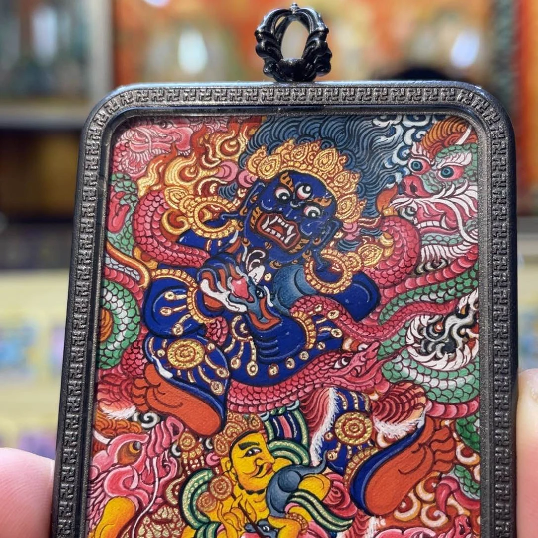 吊坠热贡纯手绘唐卡黑财神