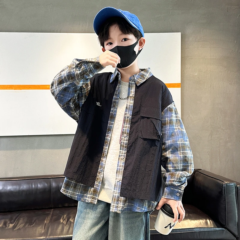 【高品质】男童外套儿童假两件衬衫外套中大童韩版洋气春秋款外套潮
