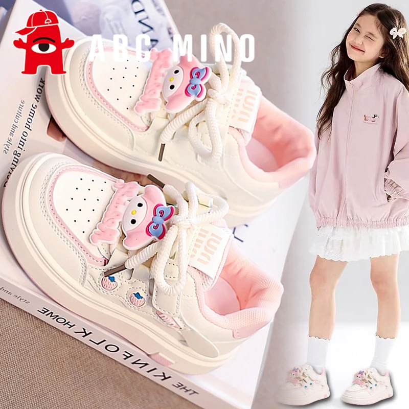 ABC MINO女童鞋秋季2025新款儿童皮面小白板鞋女孩学生白色运动鞋