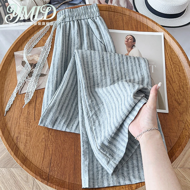 亚麻青色条纹阔腿裤女2025年夏季轻薄新款麻料蕾丝腰带凉凉直筒裤