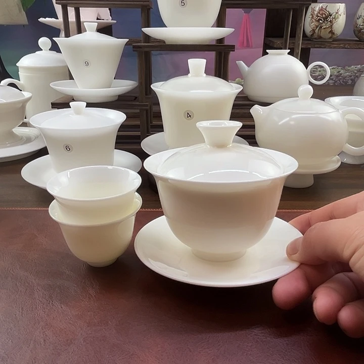 纯白羊脂玉瓷180ml玉兰盖碗+2客杯