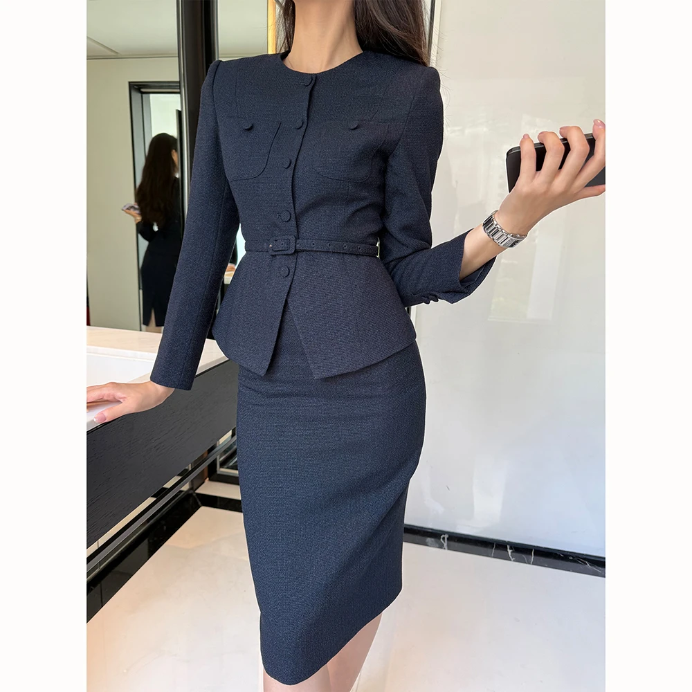 轻职场藏蓝色西装气质女神范长袖商务套装休闲百搭半身裙两件套