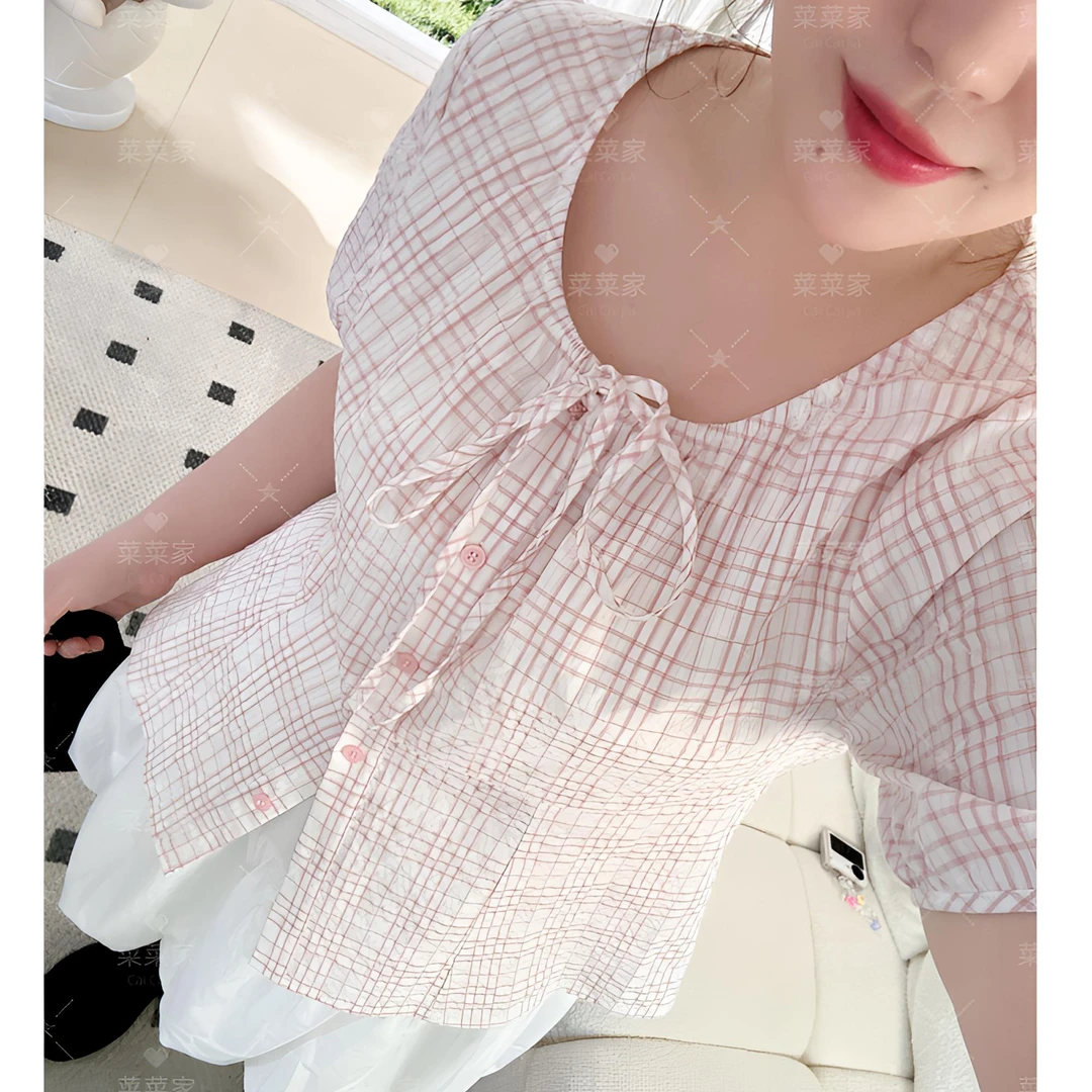 【菜菜家】2025年夏季新款自制系带蝴蝶结复古格子收腰小衫CCC11486