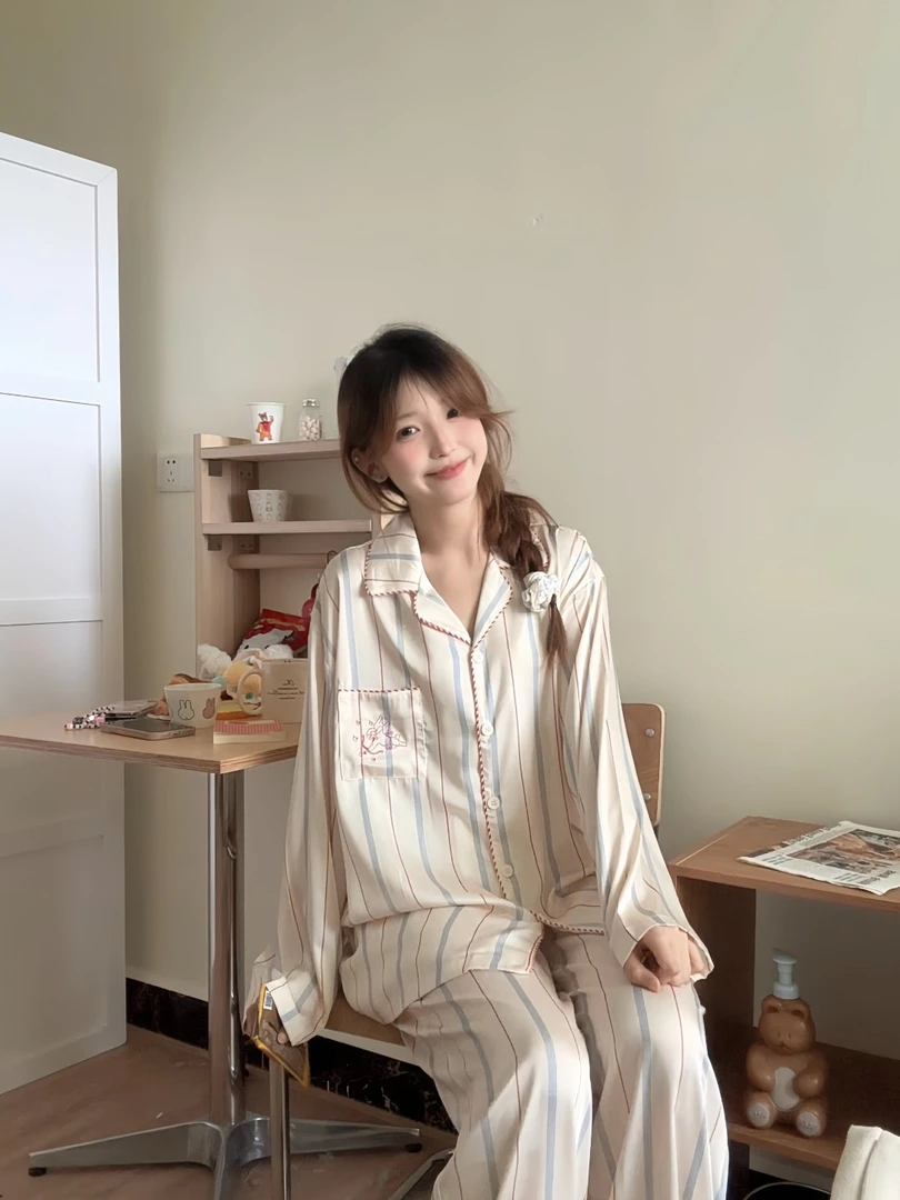PURES【丘比特】2025秋款竖条纹简约舒适少女长袖宽松家居服睡衣