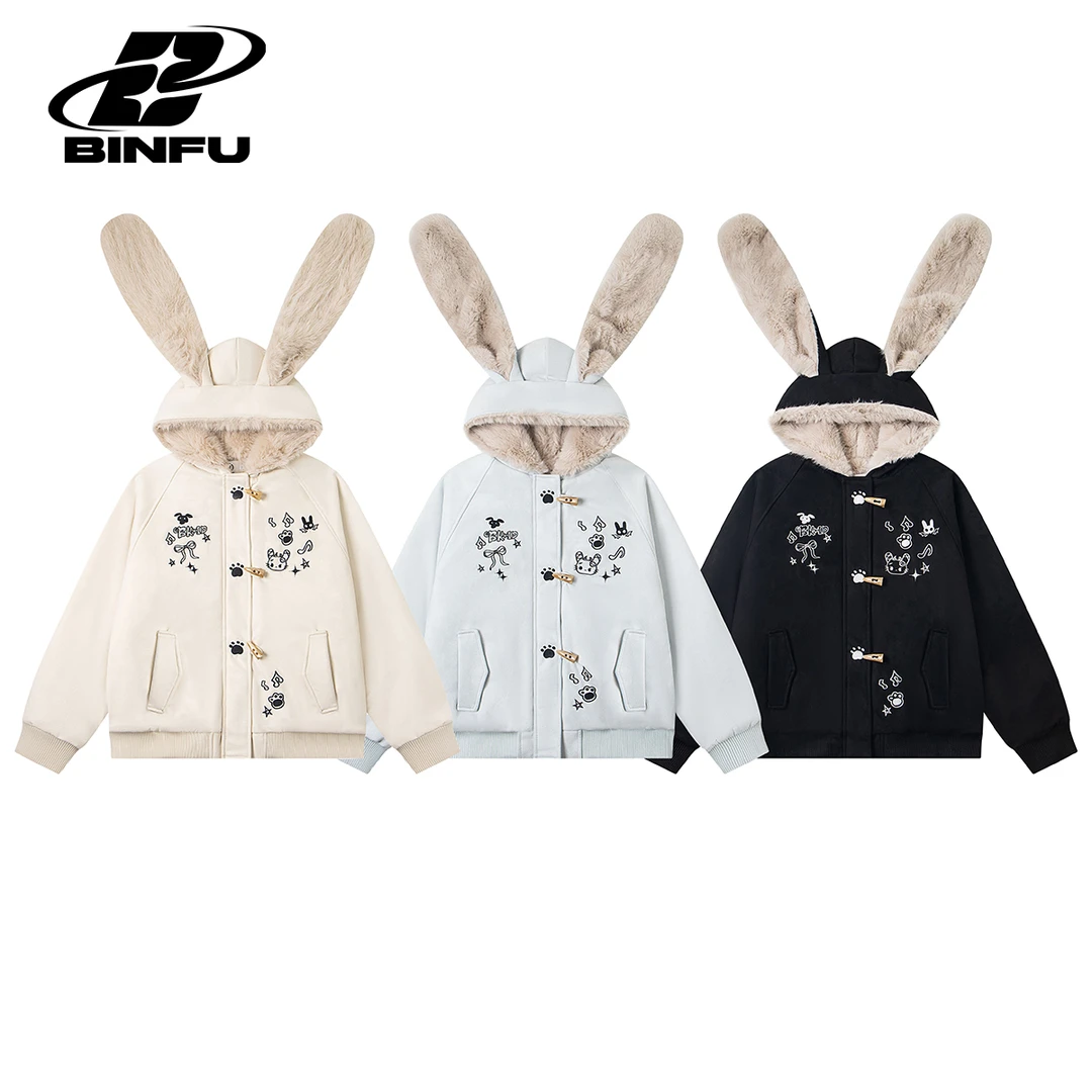 BINFU秋冬季 兔耳朵座山雕 棉袄加厚情侣连帽刺绣棉服