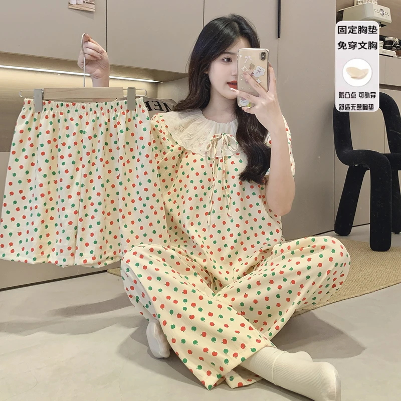 带胸垫三件套睡衣女夏季短袖云朵棉可爱甜美公主风家居服可外穿