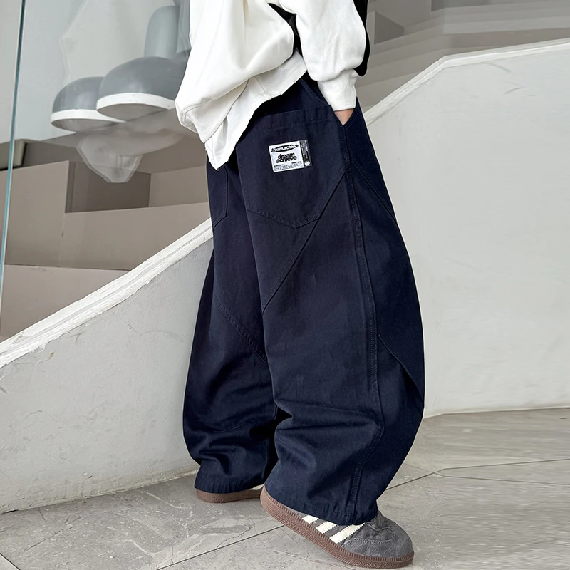 男童藏青纯棉贴标弯刀裤春秋款2025新款儿童高腰百搭休闲裤中大童